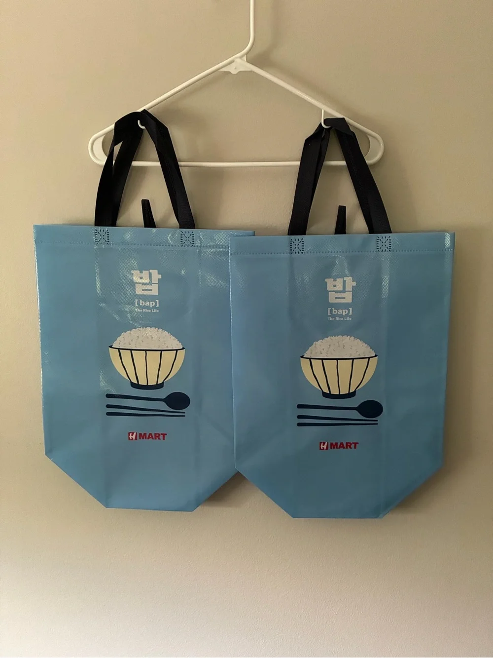 NWOT HMart “Bap / The Rice Life” Reusable Tote Bags – Lot of 2 – Blue Grocery Sh